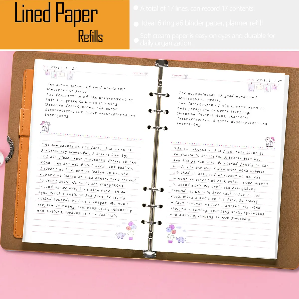 Rancco A6 Planner Inserts Lined Paper, Colorful 90 Page 6-Ring Memo Refill, Double-sided, 6.9x3.7" | Refillable Planner Paper for Office & School - view 6