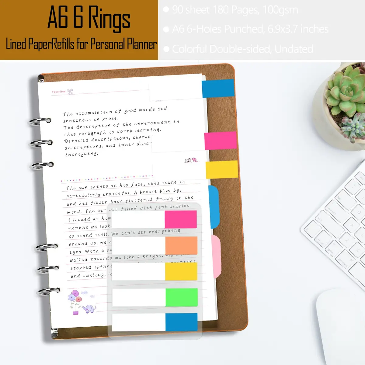 Rancco A6 Planner Inserts Lined Paper, Colorful 90 Page 6-Ring Memo Refill, Double-sided, 6.9x3.7" | Refillable Planner Paper for Office & School - view 4