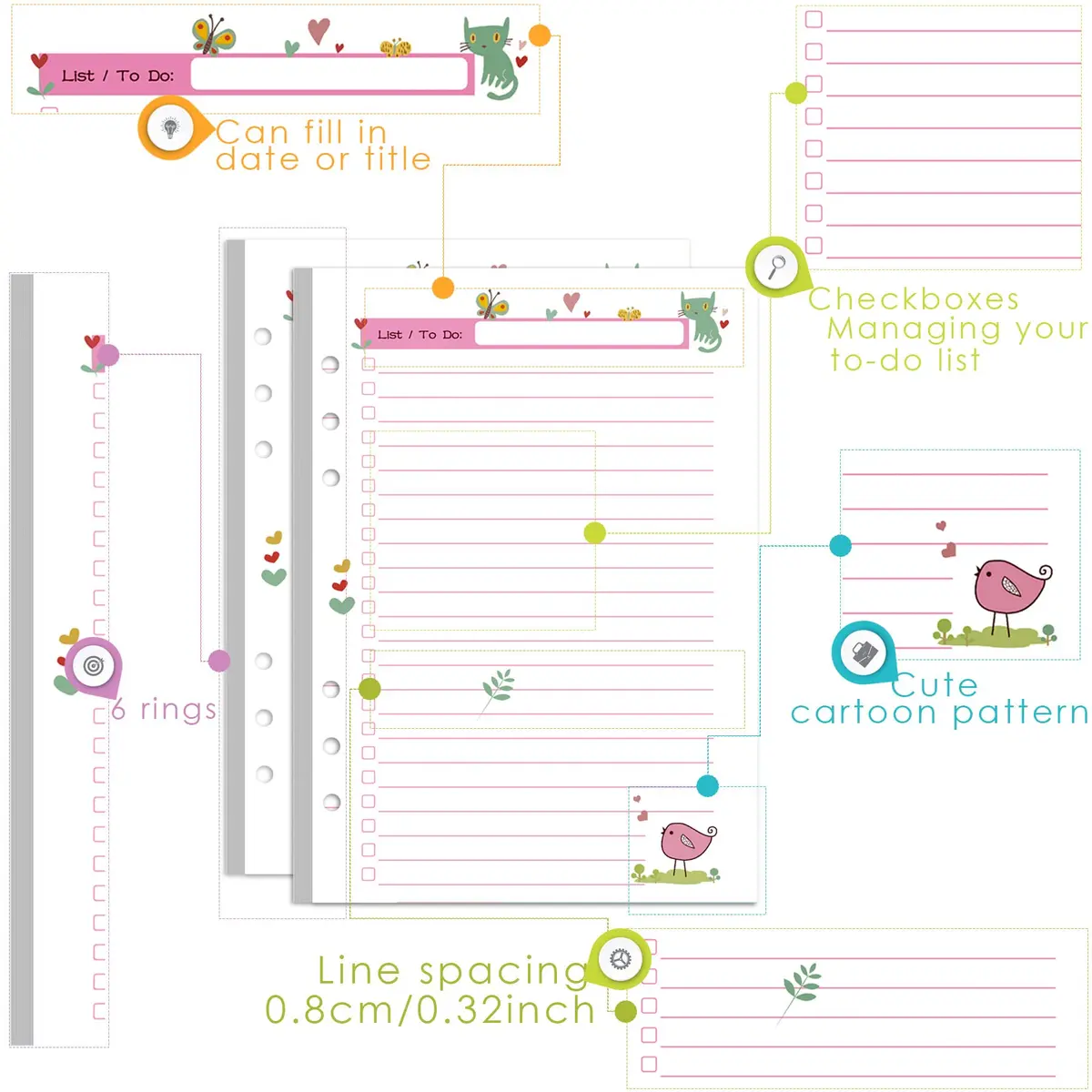 Rancco A5 Planner Inserts To-Do List 90 Pages (21cm x 14.8cm / 5.5×8.3") | Colorful Paper Refills for 6-Ring Binders - view 2