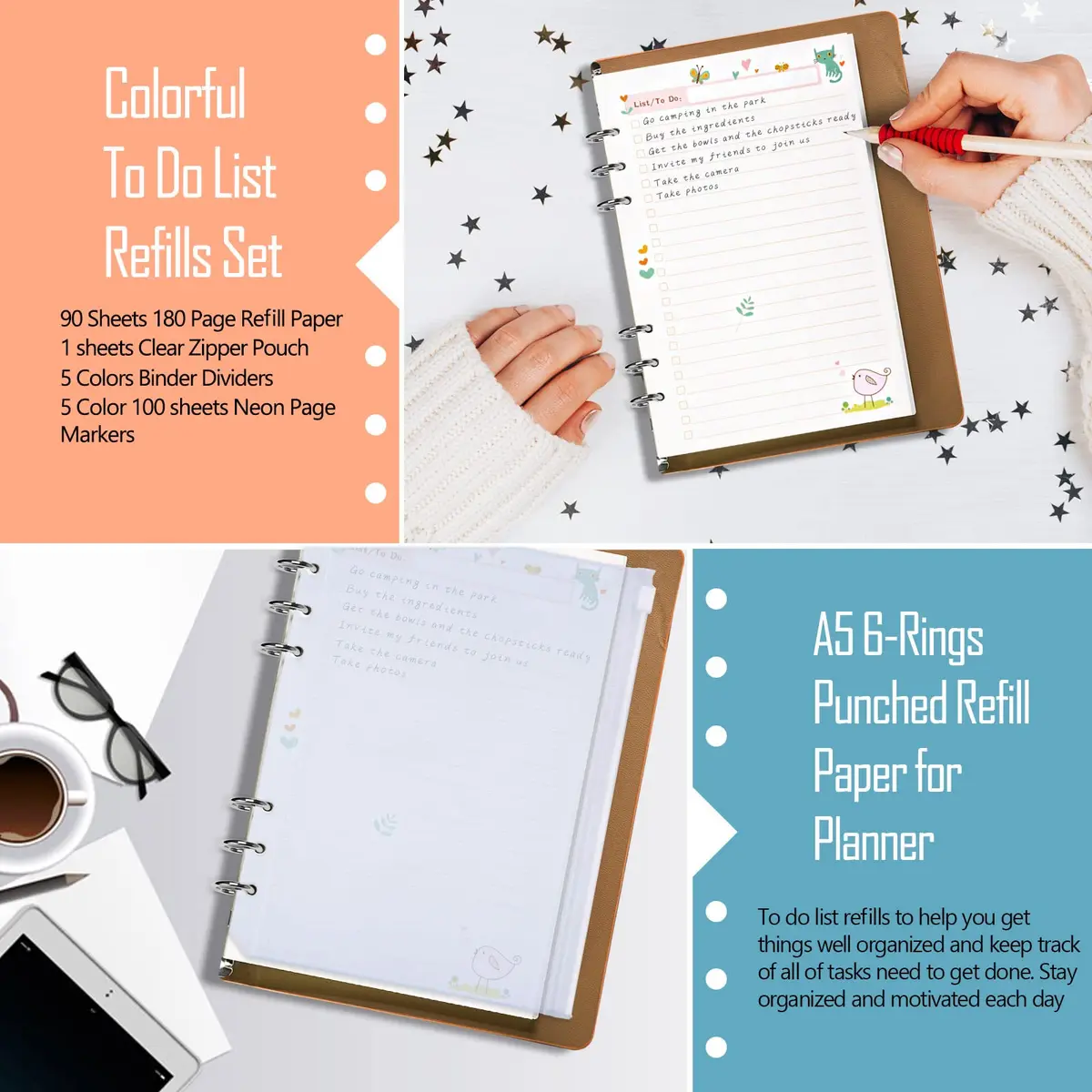 Rancco A5 Planner Inserts To-Do List 90 Pages (21cm x 14.8cm / 5.5×8.3") | Colorful Paper Refills for 6-Ring Binders - view 3