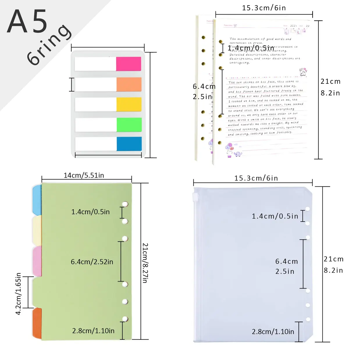 Rancco A5 6-Hole Undated Lined Paper Refill Set 180 Pages (21 x 14.2 cm / 8.3 x 5.6 inches) | Includes Zipper Pocket, Ruler, Dividers & Index Tabs - view 7