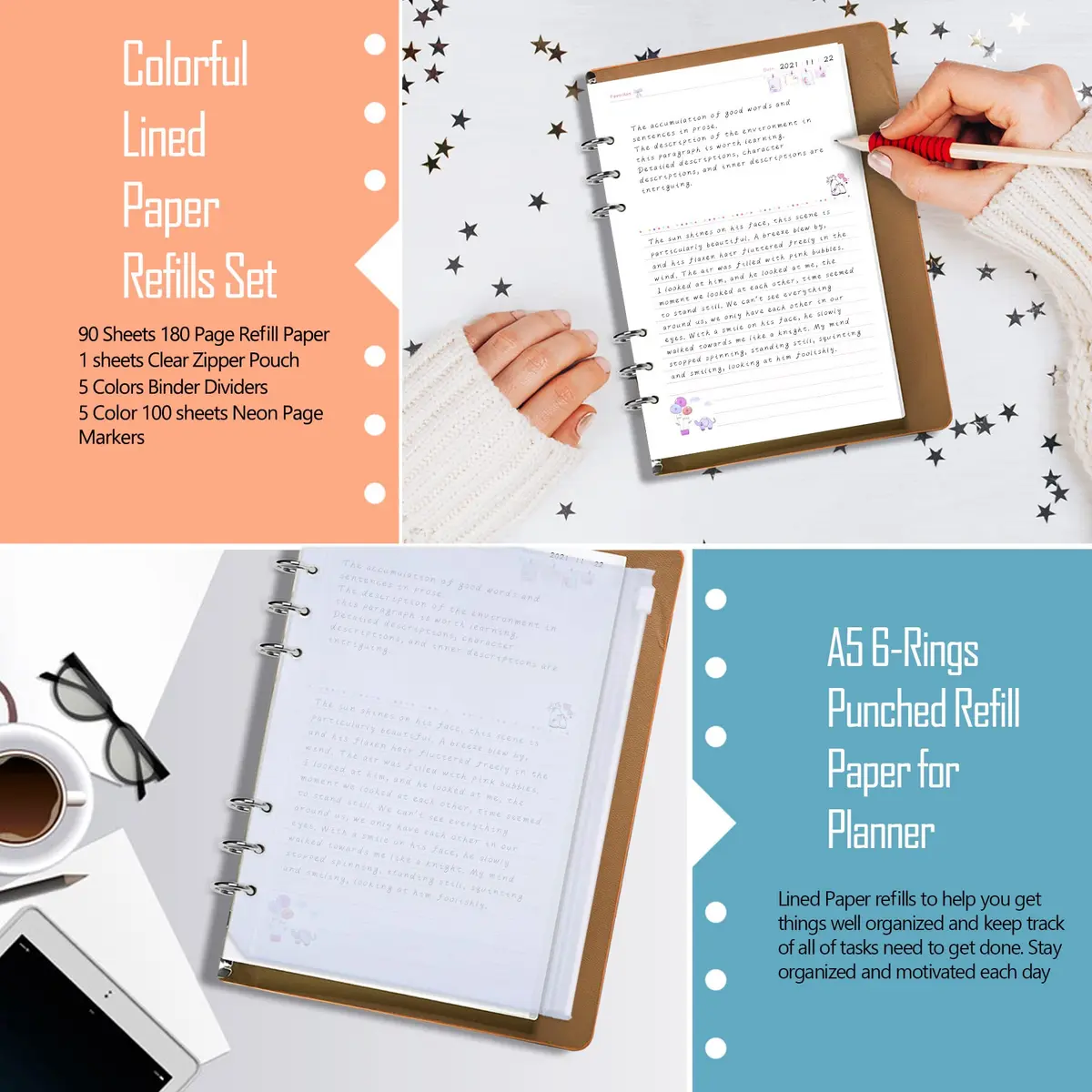 Rancco A5 6-Hole Undated Lined Paper Refill Set 180 Pages (21 x 14.2 cm / 8.3 x 5.6 inches) | Includes Zipper Pocket, Ruler, Dividers & Index Tabs - view 3