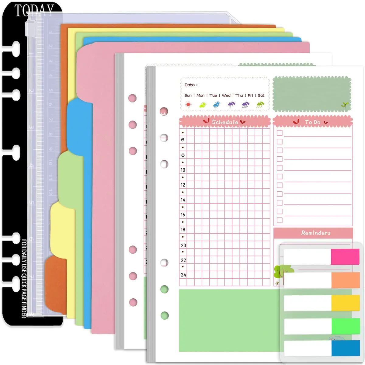 Rancco A5 Planner Inserts Daily Refills 90 Pages Colorful 6-Ring Loose-leaf Binder | Undated, PVC Pouch, Divider, Ruler - main product image