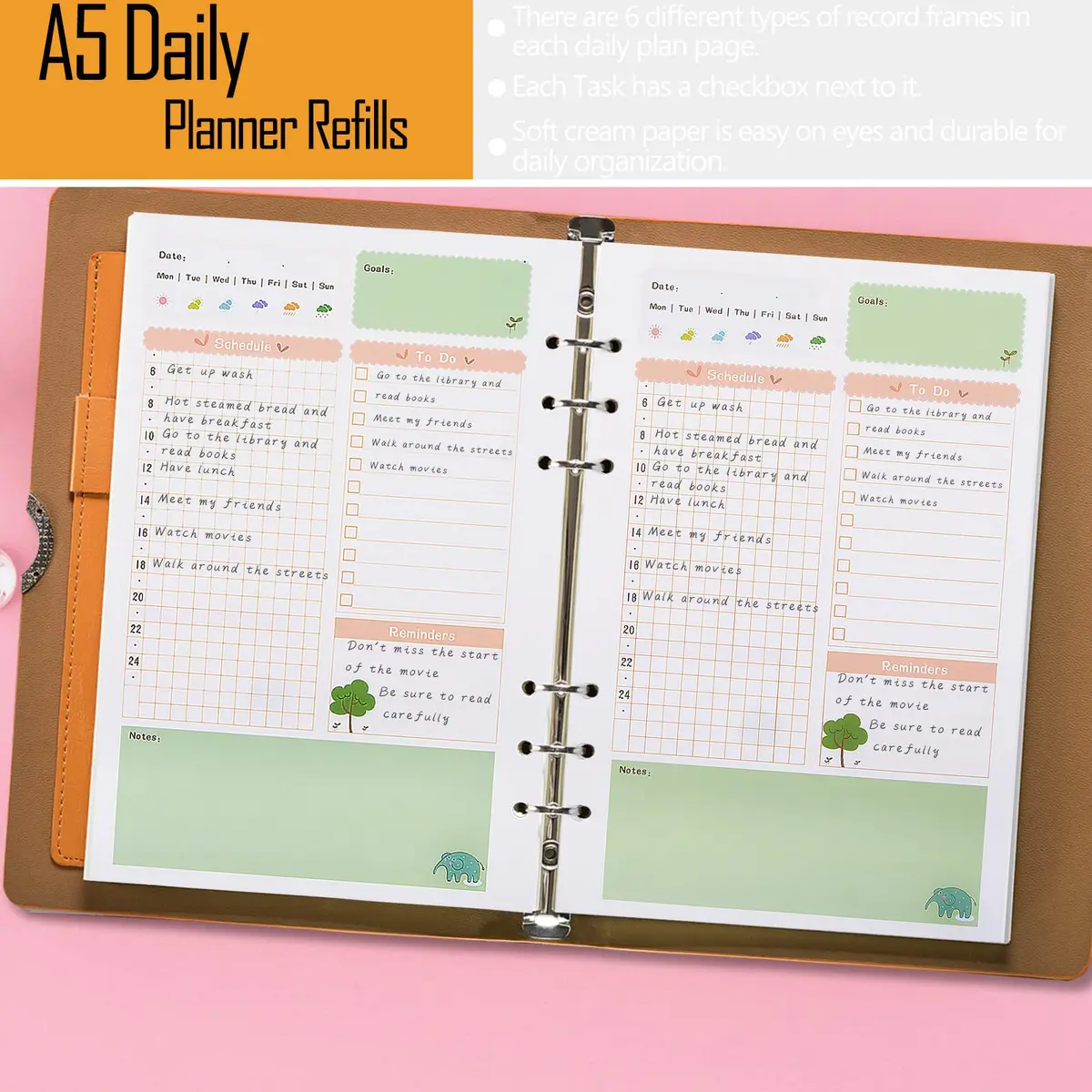 Rancco A5 Planner Inserts Daily Refills 90 Pages Colorful 6-Ring Loose-leaf Binder | Undated, PVC Pouch, Divider, Ruler - view 6