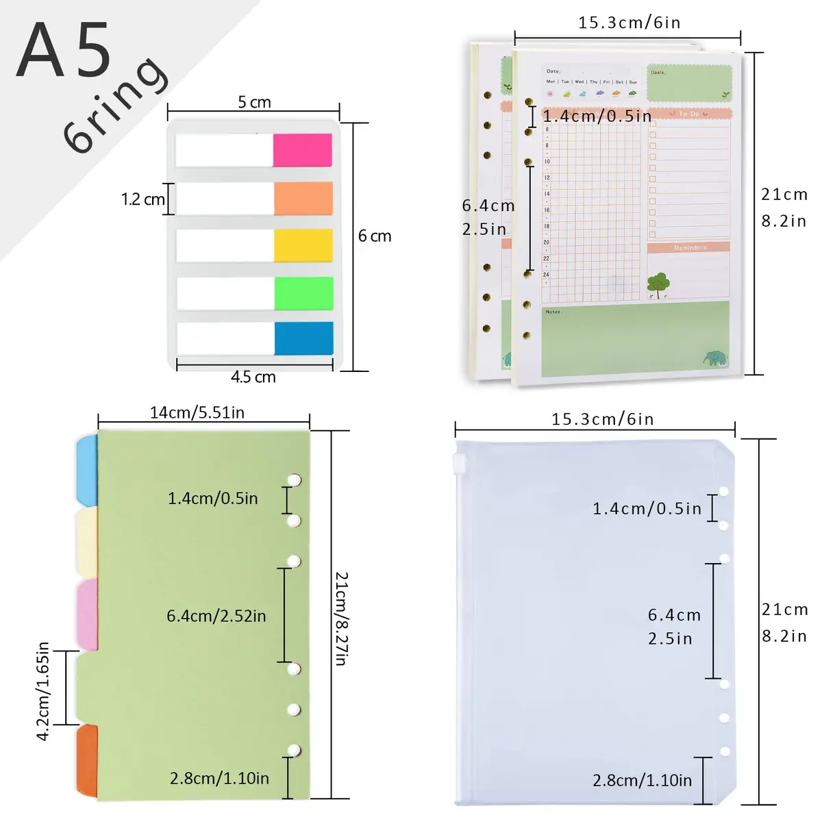 Rancco A5 Planner Inserts Daily Refills 90 Pages Colorful 6-Ring Loose-leaf Binder | Undated, PVC Pouch, Divider, Ruler - view 7