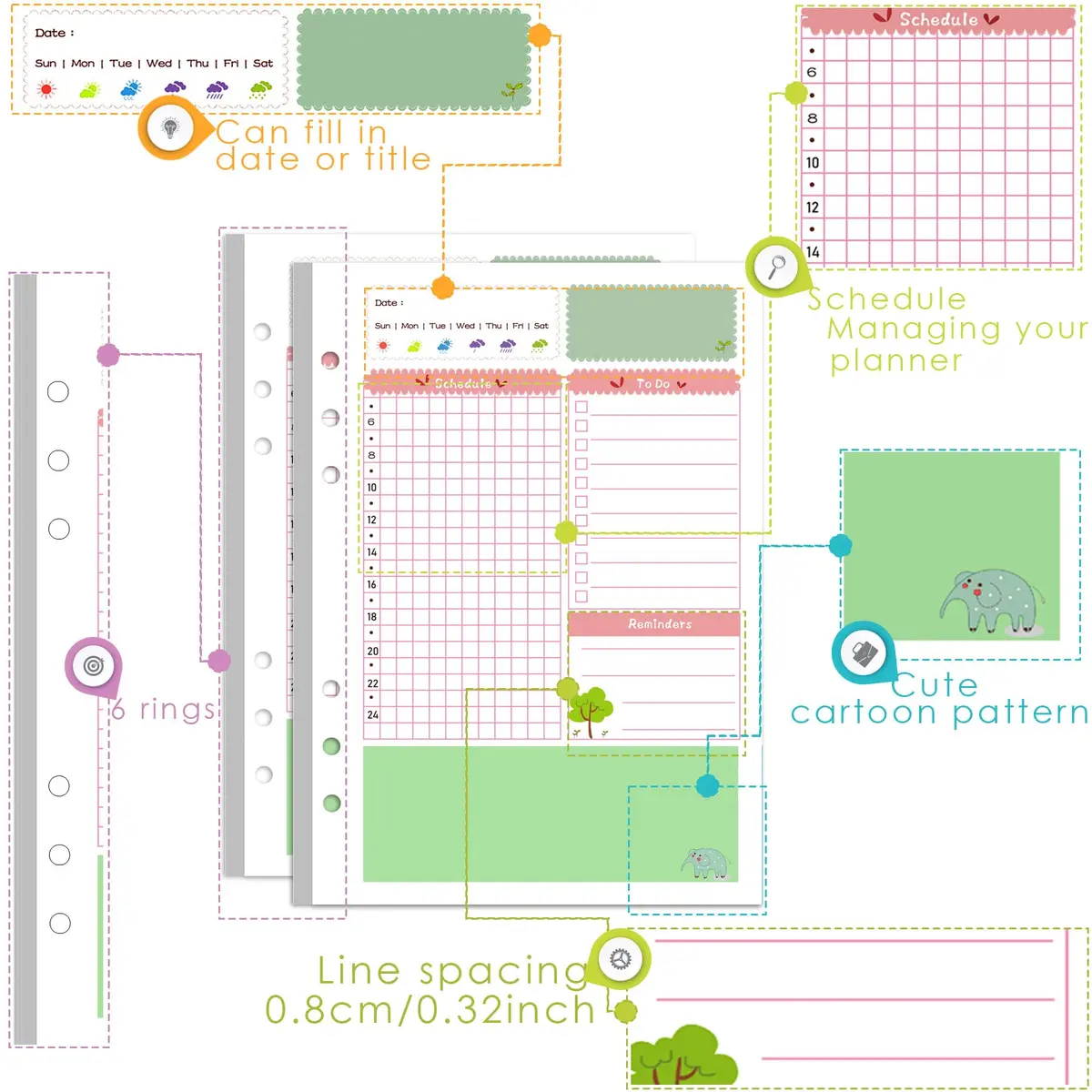 Rancco A5 Planner Inserts Daily Refills 90 Pages Colorful 6-Ring Loose-leaf Binder | Undated, PVC Pouch, Divider, Ruler - view 2