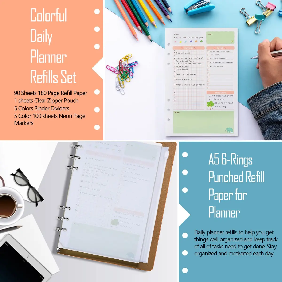 Rancco A5 Planner Inserts Daily Refills 90 Pages Colorful 6-Ring Loose-leaf Binder | Undated, PVC Pouch, Divider, Ruler - view 3