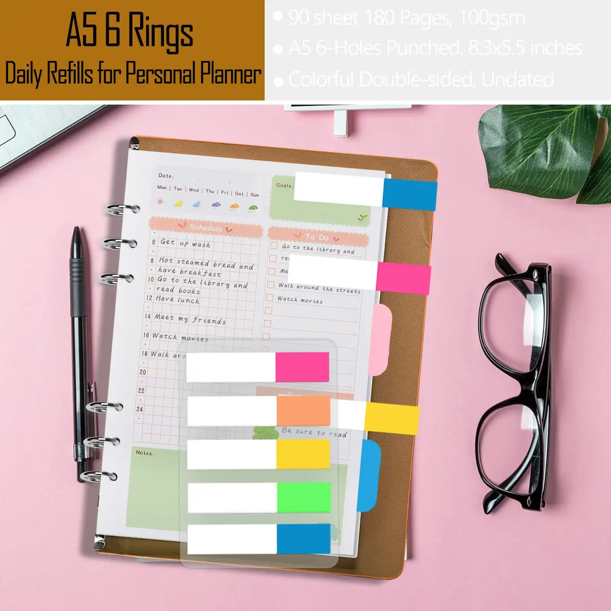 Rancco A5 Planner Inserts Daily Refills 90 Pages Colorful 6-Ring Loose-leaf Binder | Undated, PVC Pouch, Divider, Ruler - view 4
