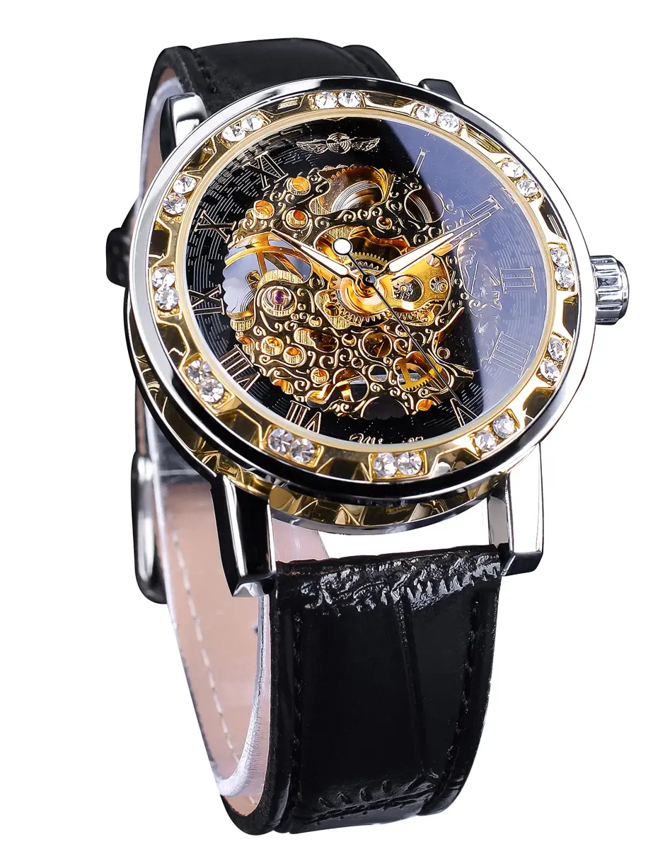 FORSINING Retro Mechanical Skeleton Watch with Roman Numerals & Diamond Accents | 40mm Case, Black/Gold Dial, PU Leather Strap - main product image