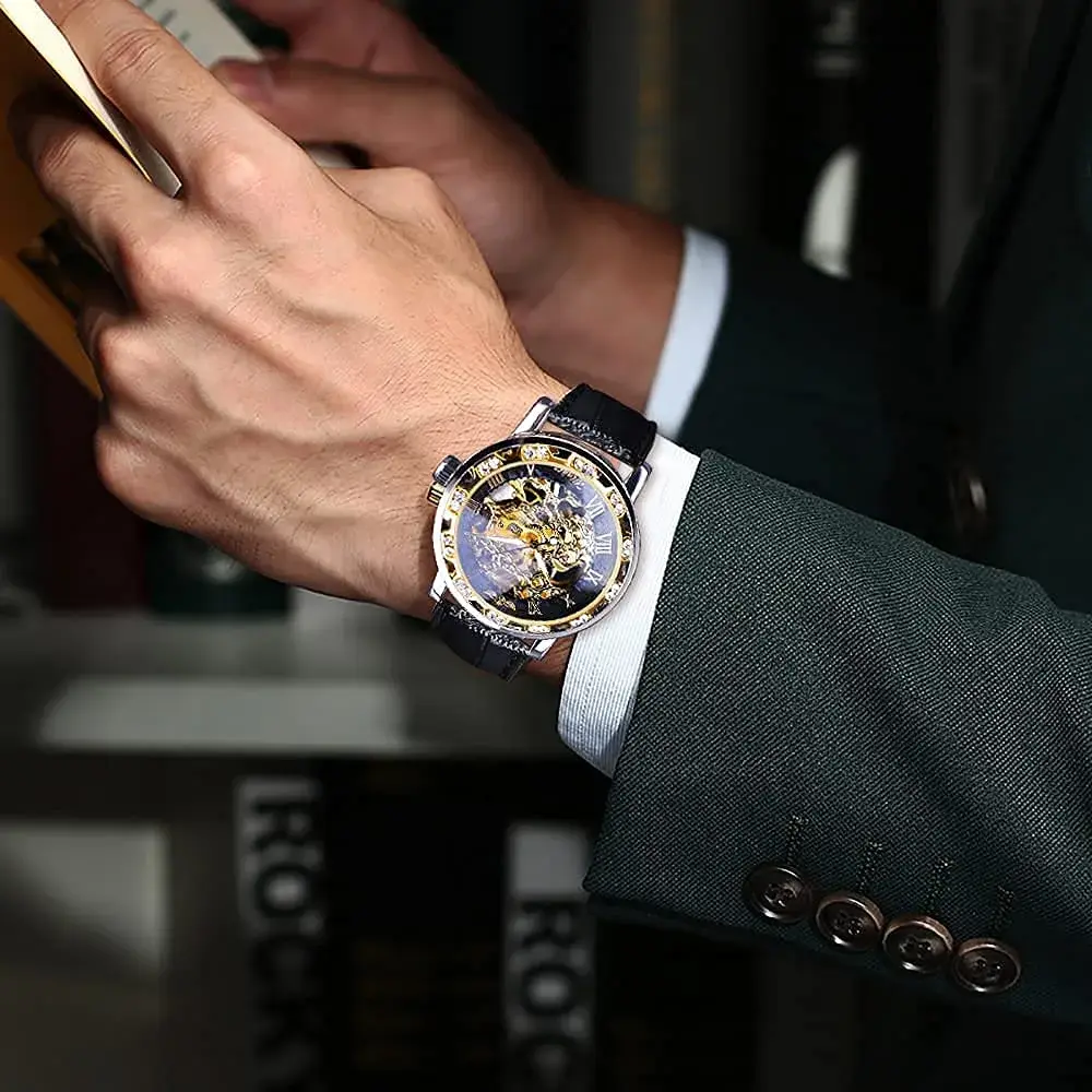 FORSINING Retro Mechanical Skeleton Watch with Roman Numerals & Diamond Accents | 40mm Case, Black/Gold Dial, PU Leather Strap - view 6