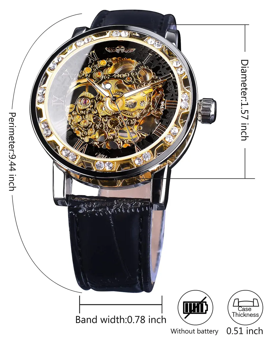 FORSINING Retro Mechanical Skeleton Watch with Roman Numerals & Diamond Accents | 40mm Case, Black/Gold Dial, PU Leather Strap - view 7