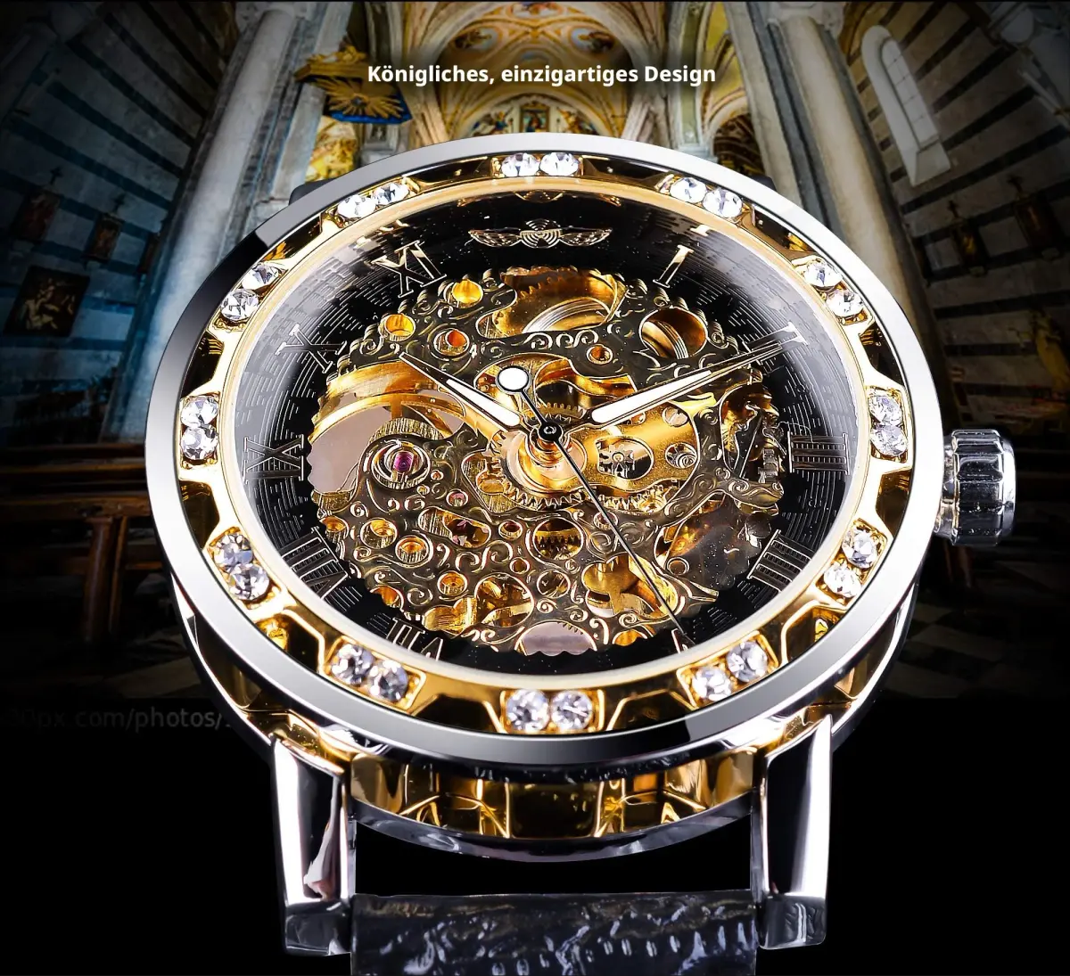 FORSINING Retro Mechanical Skeleton Watch with Roman Numerals & Diamond Accents | 40mm Case, Black/Gold Dial, PU Leather Strap - view 2