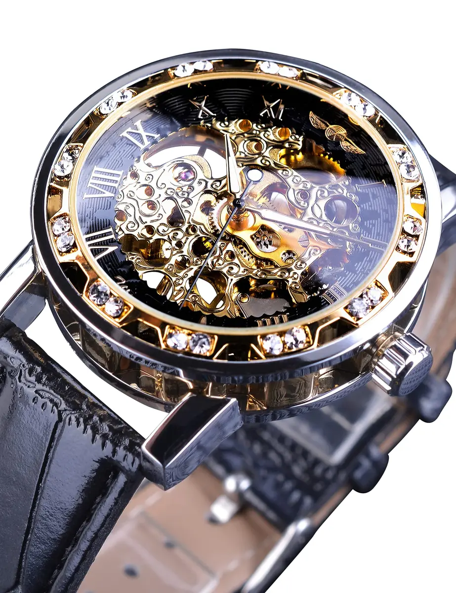 FORSINING Retro Mechanical Skeleton Watch with Roman Numerals & Diamond Accents | 40mm Case, Black/Gold Dial, PU Leather Strap - view 4