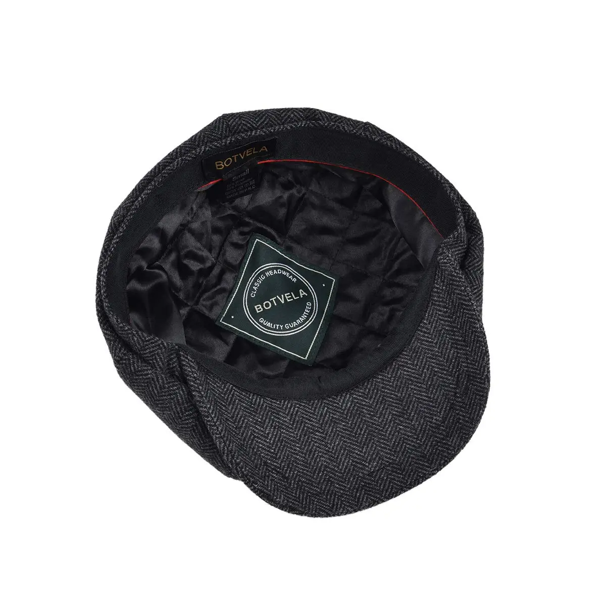BOTVELA Men's 8 Panel Wool Blend Newsboy Flat Cap Black 59cm (7 3/8) | Classic Herringbone Tweed Style - view 6