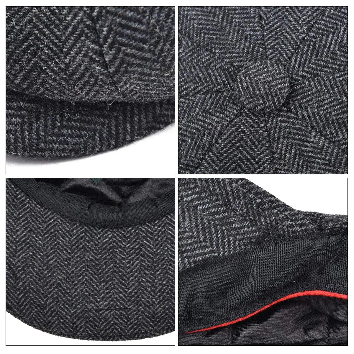 BOTVELA Men's 8 Panel Wool Blend Newsboy Flat Cap Black 59cm (7 3/8) | Classic Herringbone Tweed Style - view 7