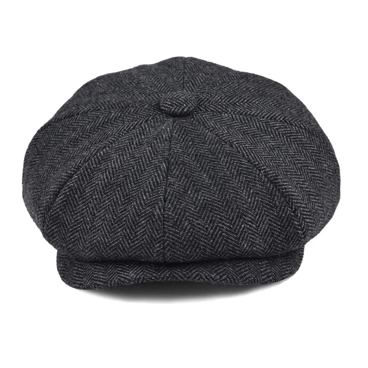 BOTVELA Men's 8 Panel Wool Blend Newsboy Flat Cap Black 59cm (7 3/8) | Classic Herringbone Tweed Style - view 2