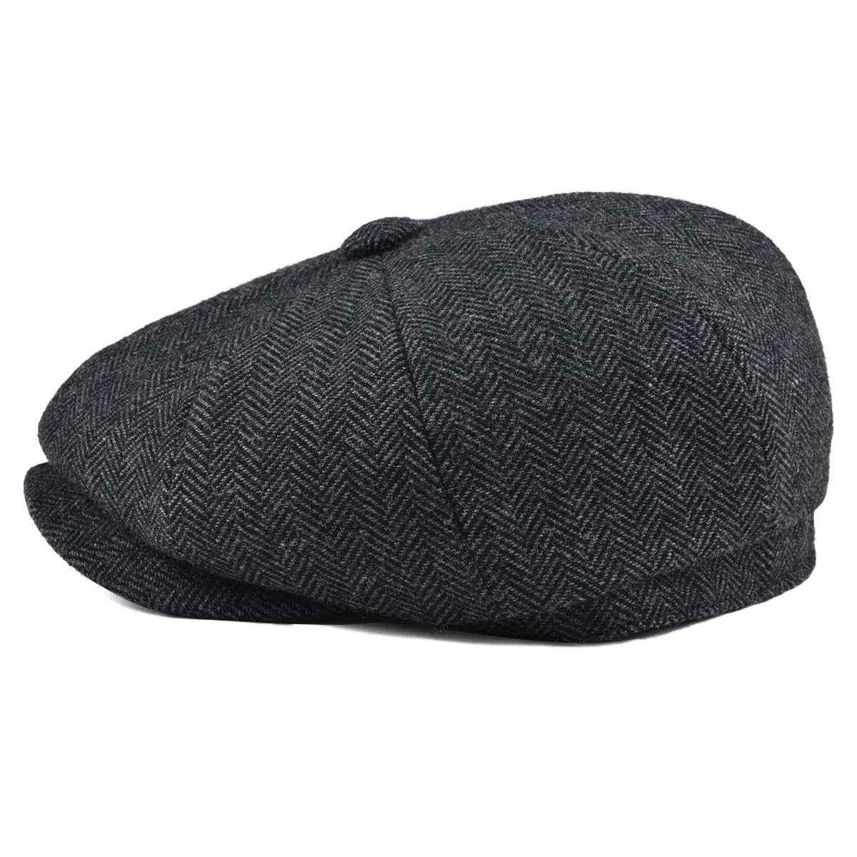 BOTVELA Men's 8 Panel Wool Blend Newsboy Flat Cap Black 59cm (7 3/8) | Classic Herringbone Tweed Style - view 3