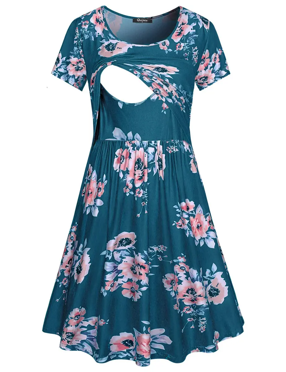 connche Nursing Dress for Breastfeeding Maternity Summer Dress Short Sleeve Blue Floral XL - main product image