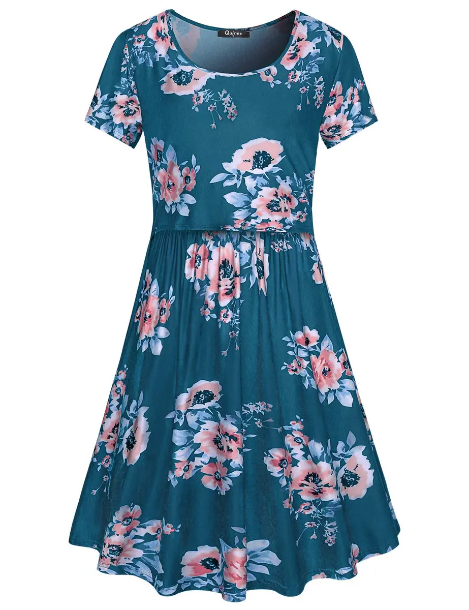 connche Nursing Dress for Breastfeeding Maternity Summer Dress Short Sleeve Blue Floral XL - view 2
