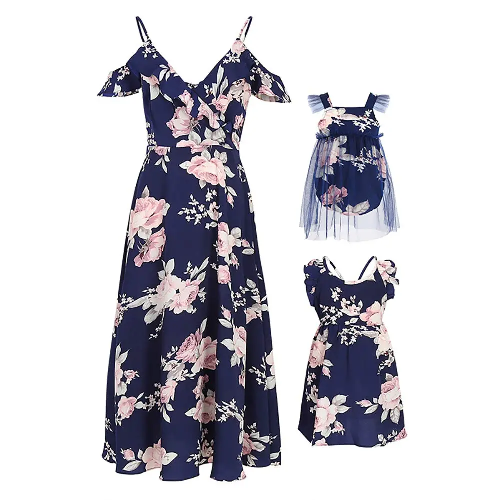 PopReal Mommy and Me Dresses Floral Printed Sleeveless Infant Baby Girl Tulle Dress Dark Blue | Family Matching Special Occasion Dress - main product image