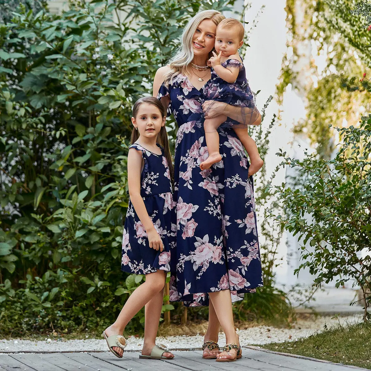 PopReal Mommy and Me Dresses Floral Printed Sleeveless Infant Baby Girl Tulle Dress Dark Blue | Family Matching Special Occasion Dress - view 2