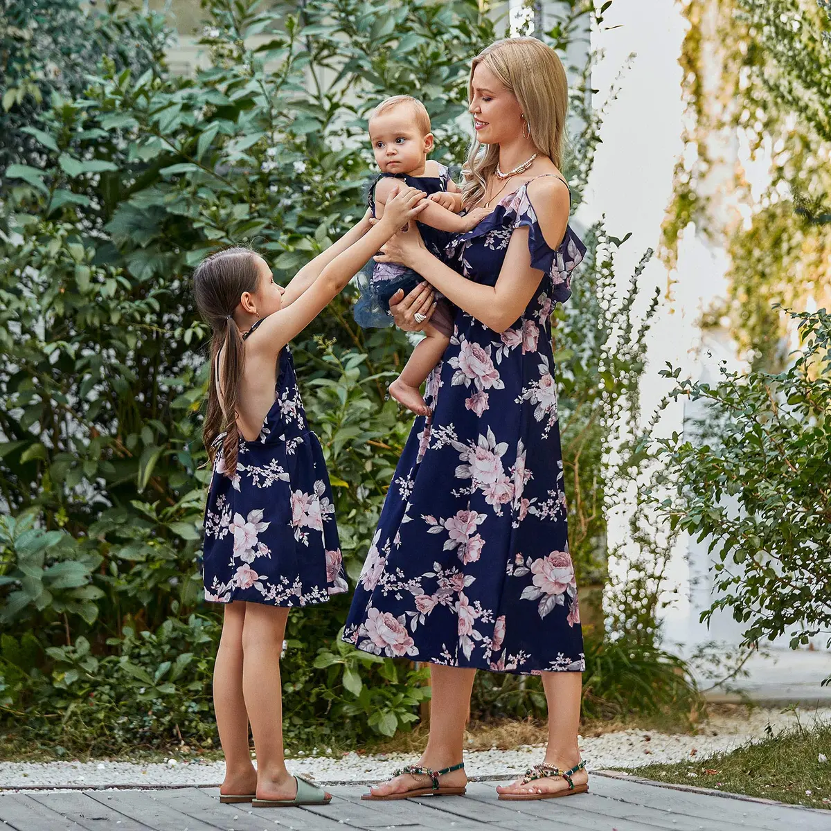PopReal Mommy and Me Dresses Floral Printed Sleeveless Infant Baby Girl Tulle Dress Dark Blue | Family Matching Special Occasion Dress - view 3