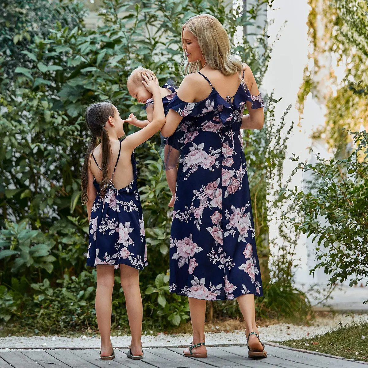 PopReal Mommy and Me Dresses Floral Printed Sleeveless Infant Baby Girl Tulle Dress Dark Blue | Family Matching Special Occasion Dress - view 4