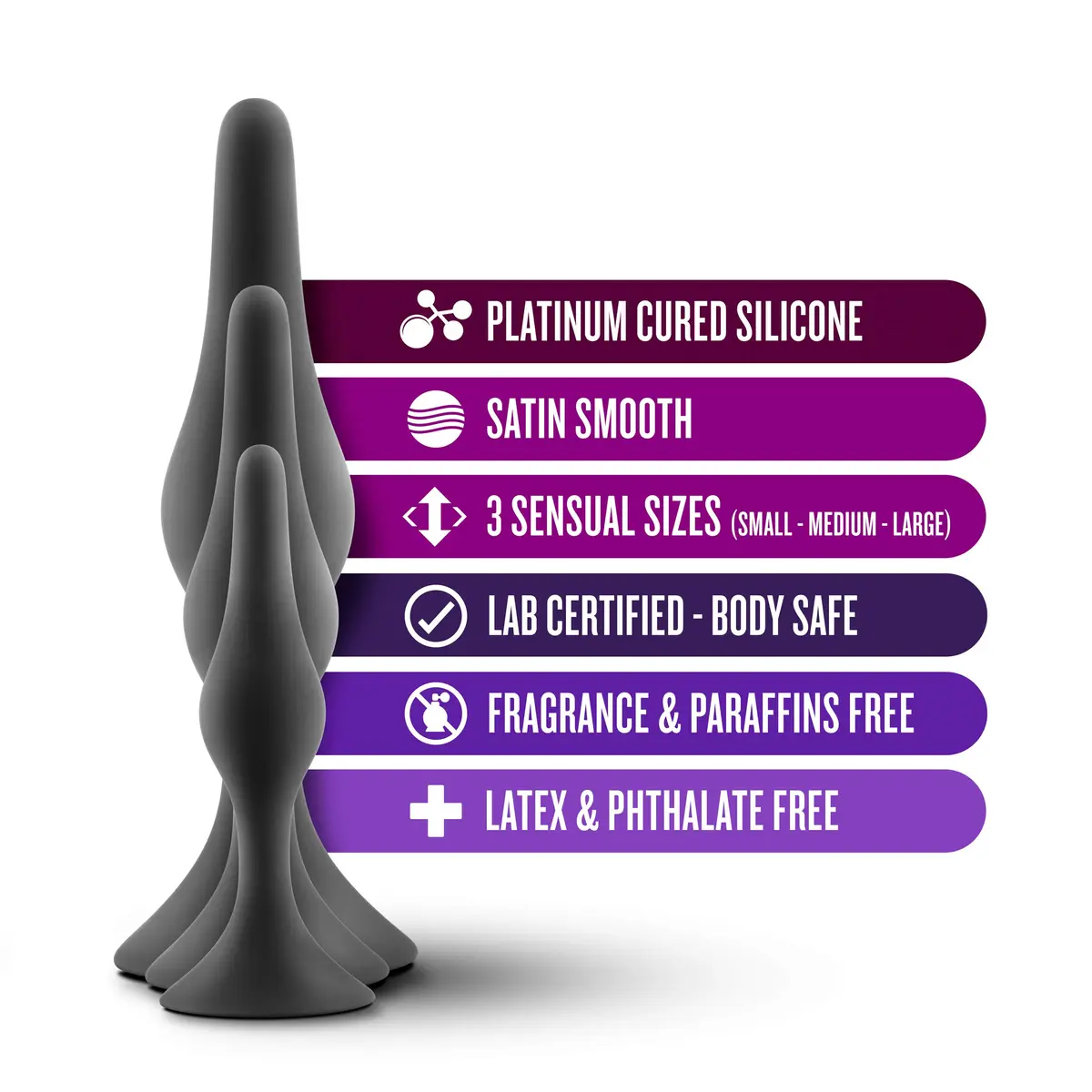 Blush Novelties Luxe Silicone Butt Plug Kit - Anal Training Set for Beginners & Advanced Users - Soft, Tapered Heads - Satin Smooth - Suction Cup Base - Pleasurable Sex Toys for Women Men Couple - Black - view 2