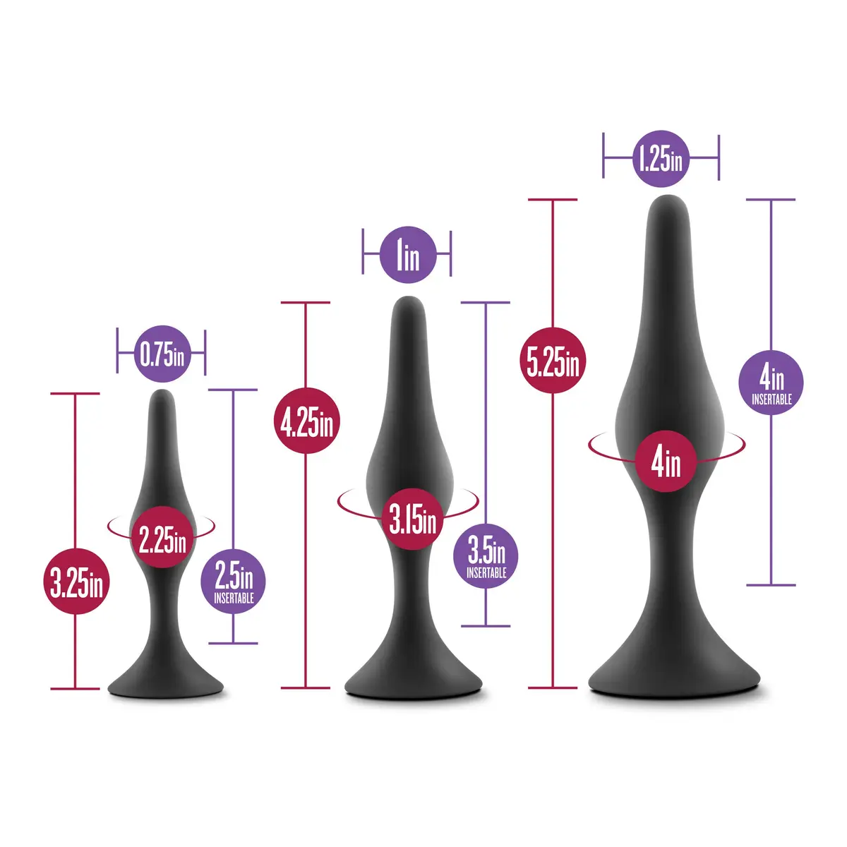 Blush Novelties Luxe Silicone Butt Plug Kit - Anal Training Set for Beginners & Advanced Users - Soft, Tapered Heads - Satin Smooth - Suction Cup Base - Pleasurable Sex Toys for Women Men Couple - Black - view 3