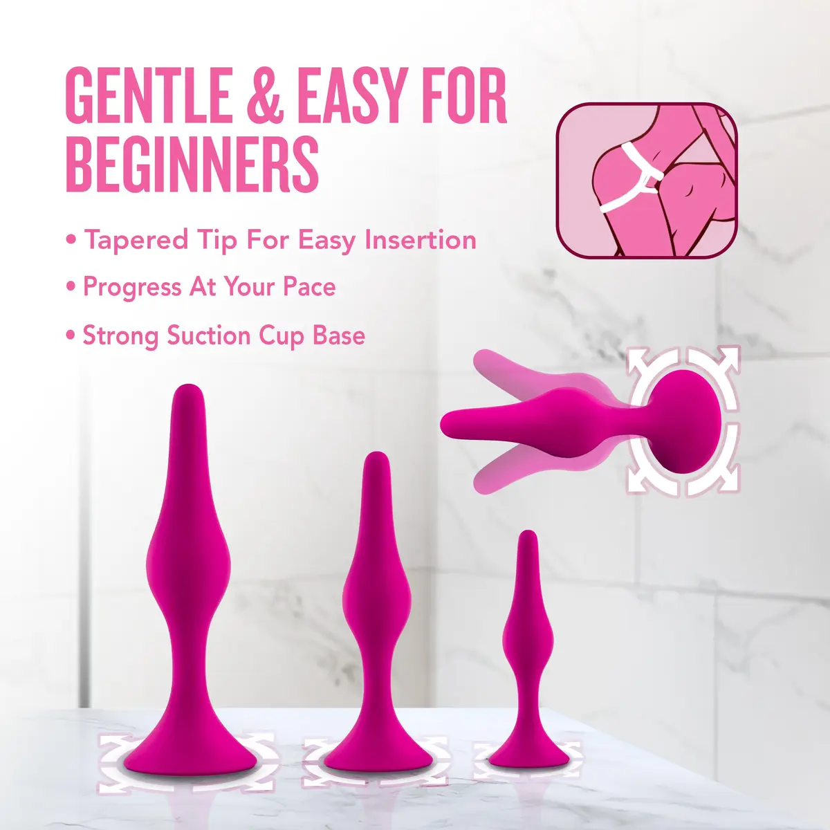 Blush Luxe Silicone Butt Plug Kit - Anal Training Set for Beginners & Advanced Users - Soft, Tapered Heads - Satin Smooth - Suction Cup Base - Pleasurable Sex Toys for Women, Men & Couples - (Pink) - view 5
