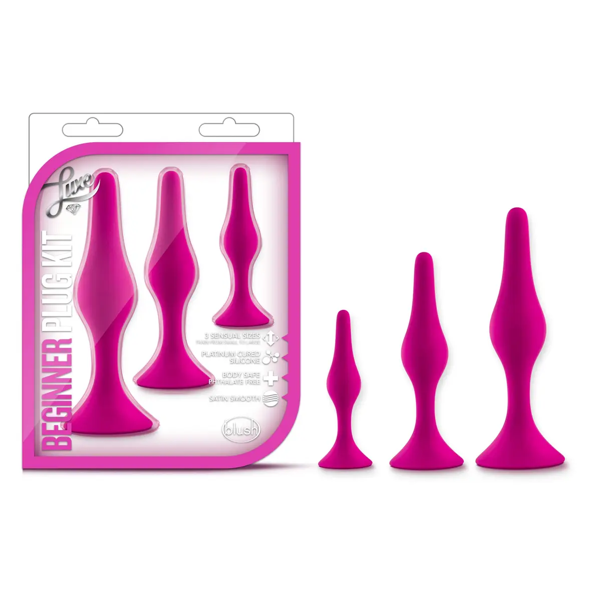 Blush Luxe Silicone Butt Plug Kit - Anal Training Set for Beginners & Advanced Users - Soft, Tapered Heads - Satin Smooth - Suction Cup Base - Pleasurable Sex Toys for Women, Men & Couples - (Pink) - main product image