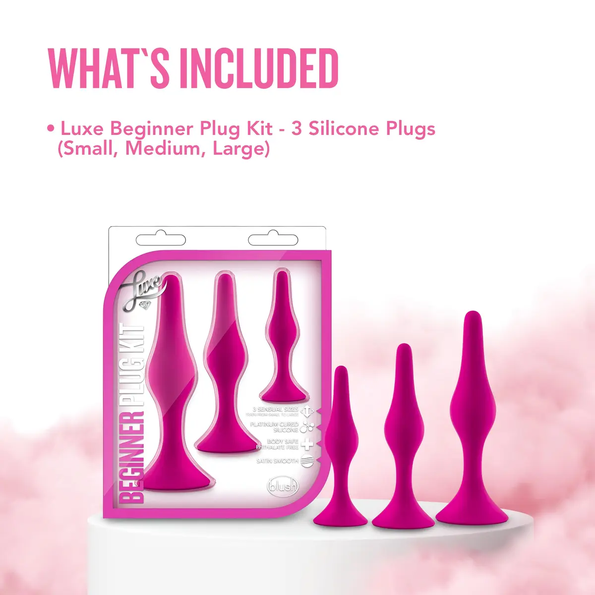 Blush Luxe Silicone Butt Plug Kit - Anal Training Set for Beginners & Advanced Users - Soft, Tapered Heads - Satin Smooth - Suction Cup Base - Pleasurable Sex Toys for Women, Men & Couples - (Pink) - view 9