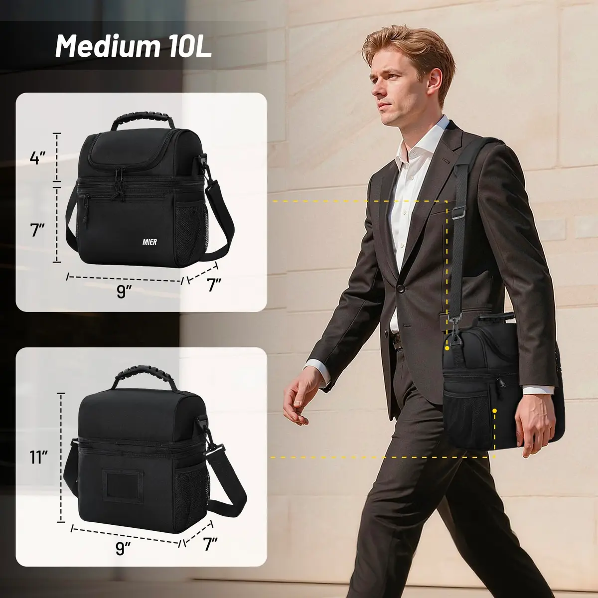 MIER Insulated Lunch Box Bag Dual Compartment Black | Keeps Hot & Cold Foods Separate - view 2