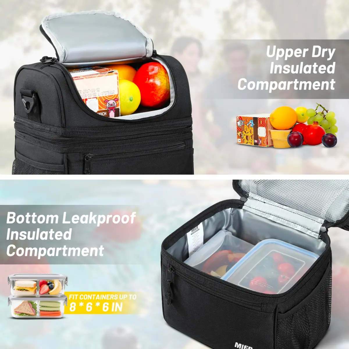 MIER Insulated Lunch Box Bag Dual Compartment Black | Keeps Hot & Cold Foods Separate - view 4