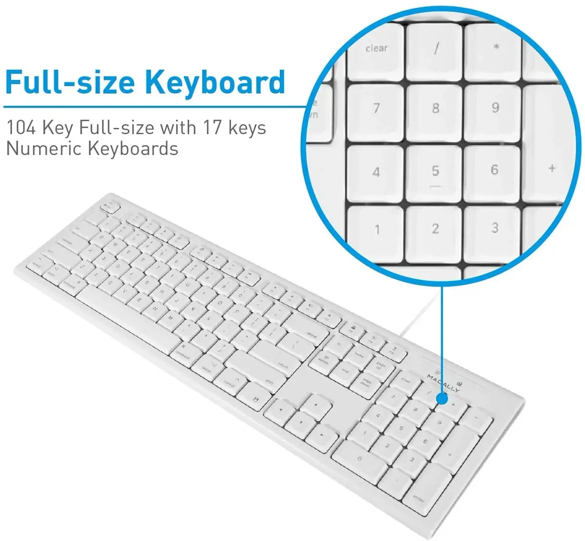 Macally QKEY Full-Size USB Wired Keyboard for Mac | 104-Key Layout, Numeric Keypad, Spill-Proof - view 3