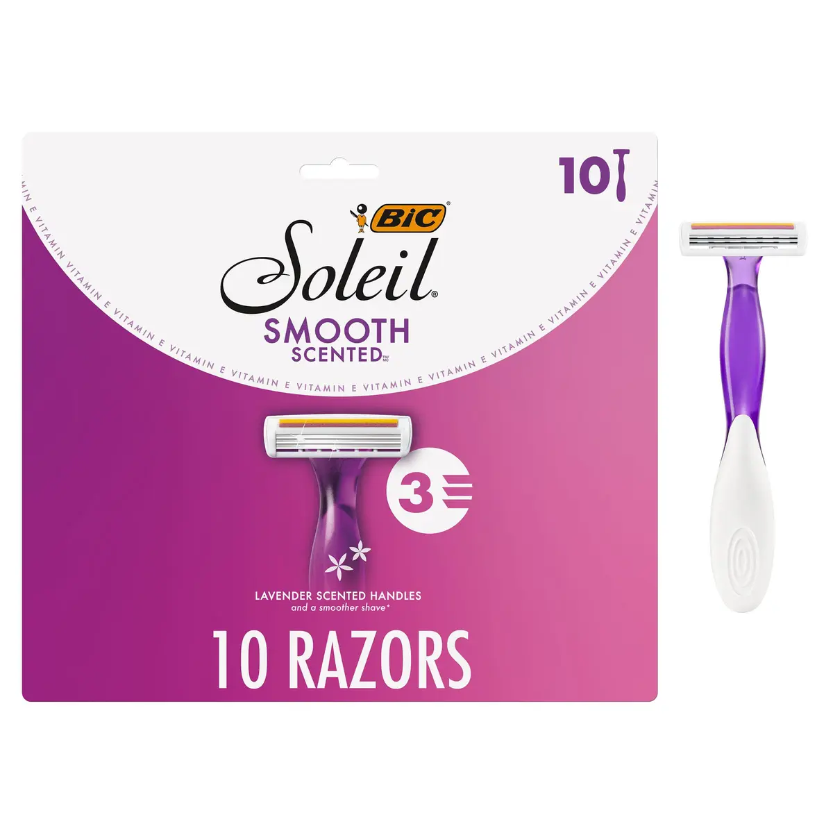 BIC Soleil 3 Disposable Razor for Women, 10 Count | 3-Blade Close Shave, Lavender Scented, Vitamin E Strip - main product image