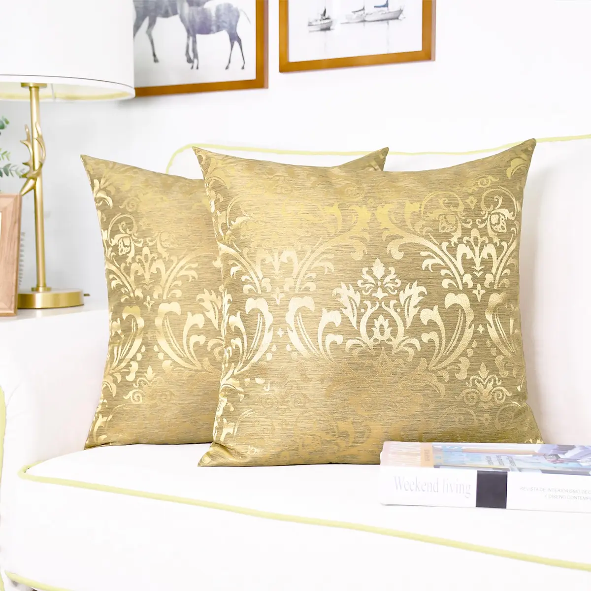 CaliTime Decorative Couch Throw Pillow Covers 18 x 18 Inches Gold | Luxury Damask Floral Design - view 5
