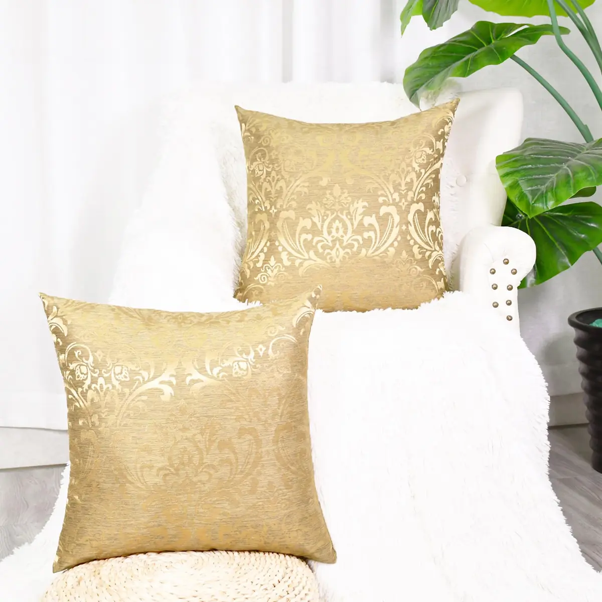 CaliTime Decorative Couch Throw Pillow Covers 18 x 18 Inches Gold | Luxury Damask Floral Design - view 6