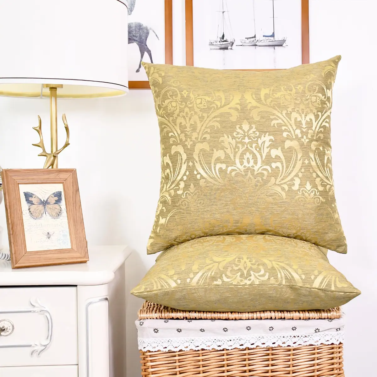 CaliTime Decorative Couch Throw Pillow Covers 18 x 18 Inches Gold | Luxury Damask Floral Design - view 2