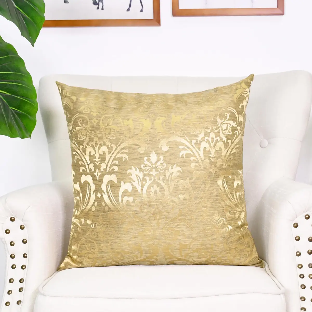 CaliTime Decorative Couch Throw Pillow Covers 18 x 18 Inches Gold | Luxury Damask Floral Design - view 3