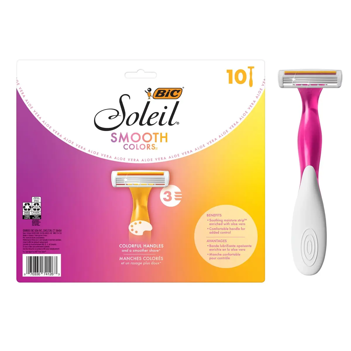 BIC Soleil 3 Colors Womens Disposable Razors 10-Pack | 3 Blades for Sensitive Skin, Bright Handles, Up to 4 Weeks Shaving - main product image