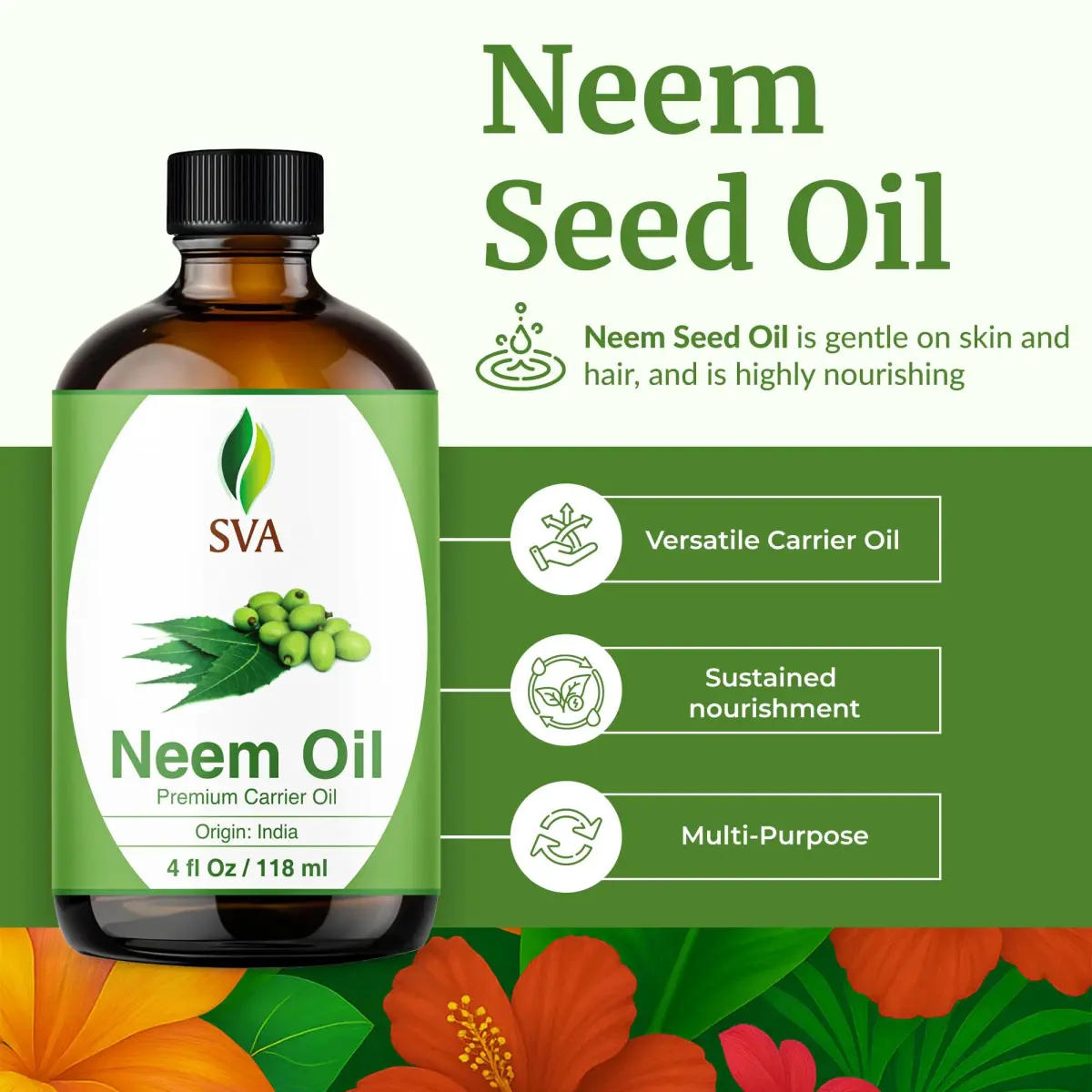 SVA ORGANICS Neem Seed Carrier Oil 118 ml (4 Fl Oz) | Cold Pressed for Hair & Skin - view 2
