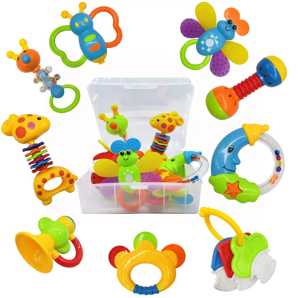 AIVIAI 9pcs Baby First Rattle Teether Toy Gift Set with Storage Box | BPA-Free, Colorful & Safe for Newborns - main product image