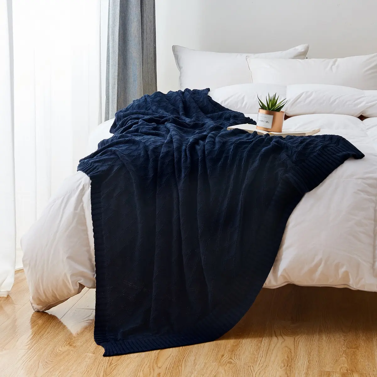 Longhui Bedding 100% Cotton Navy Blue Cable Knit Throw Blanket 50"x60" | Extra Cozy & Machine Washable - view 5