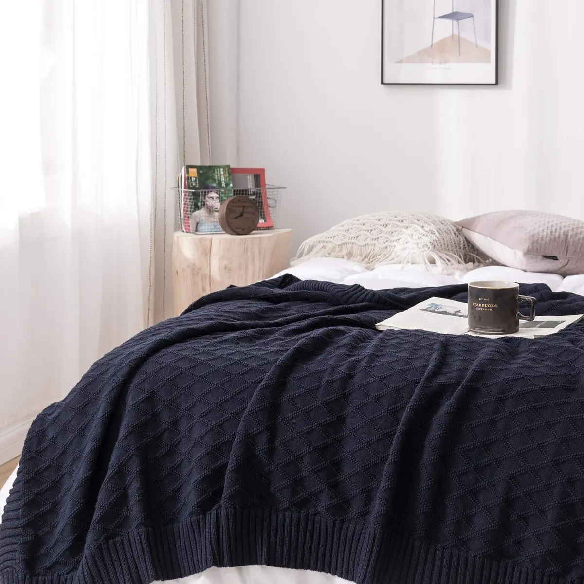 Longhui Bedding 100% Cotton Navy Blue Cable Knit Throw Blanket 50"x60" | Extra Cozy & Machine Washable - view 7