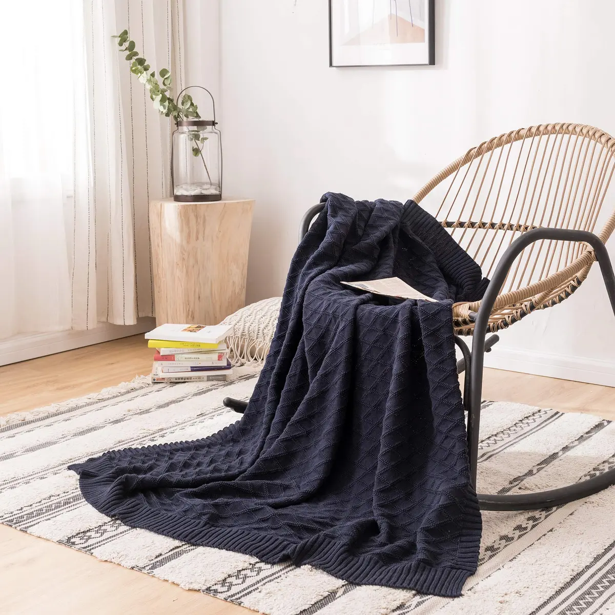 Longhui Bedding 100% Cotton Navy Blue Cable Knit Throw Blanket 50"x60" | Extra Cozy & Machine Washable - view 8