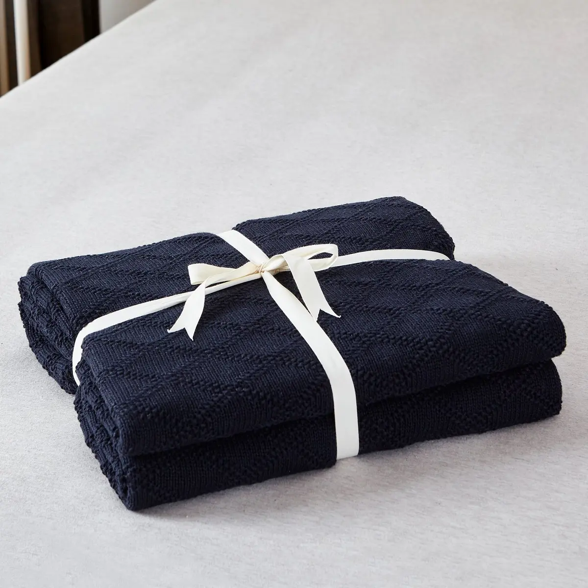 Longhui Bedding 100% Cotton Navy Blue Cable Knit Throw Blanket 50"x60" | Extra Cozy & Machine Washable - view 2