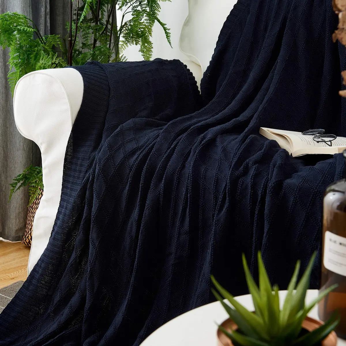 Longhui Bedding 100% Cotton Navy Blue Cable Knit Throw Blanket 50"x60" | Extra Cozy & Machine Washable - view 3
