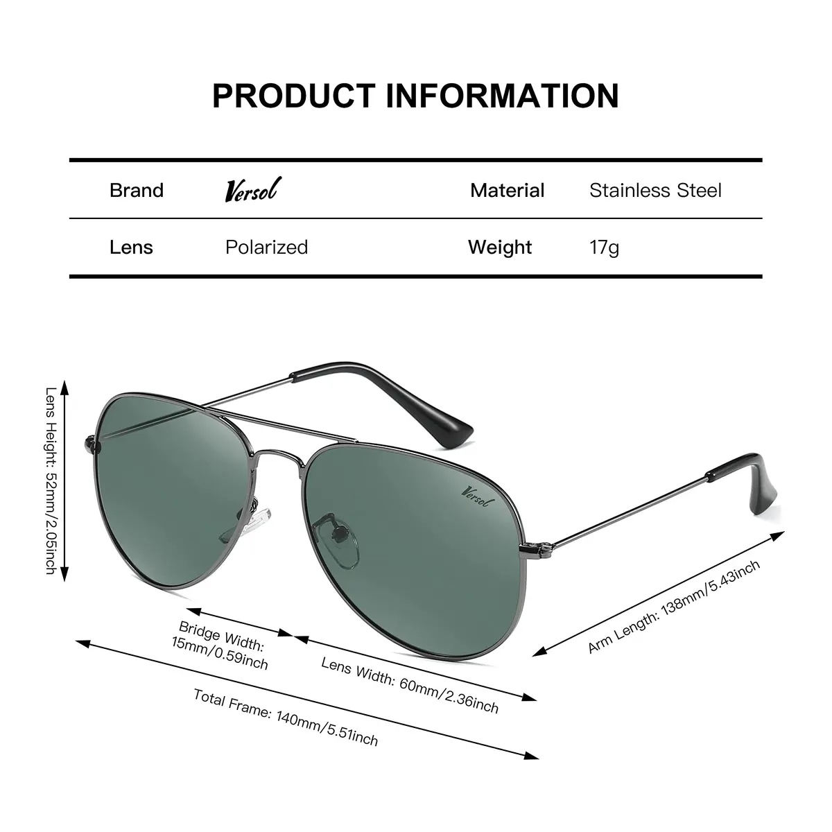 Versol Aviator Sunglasses for Men Women | Polarized Mirrored UV400 Lenses, Lightweight & Classic for Outdoors & Driving - view 3