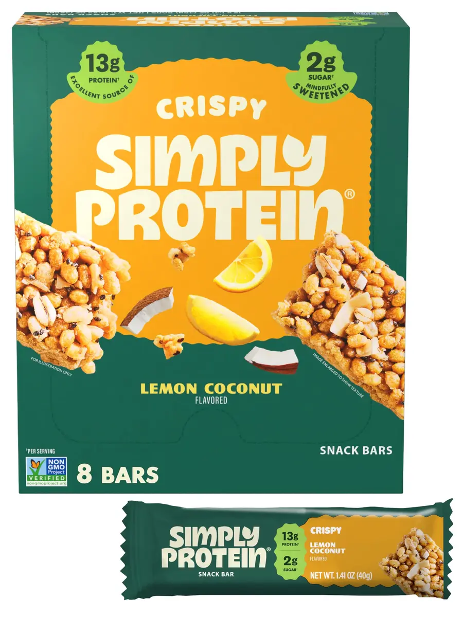 Simply Protein Lemon Coconut Crispy Bars - Plant Based Protein, Low Carb & Sugar, 13g Protein, 7g Fiber, Vegan, Gluten Free, 8 Bars - main product image